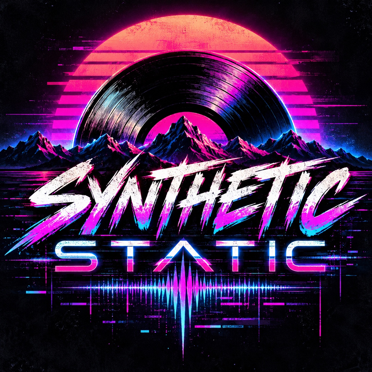 Synthetic Static logo: a neon vinyl record rising over mountains, with pink and cyan lettering.